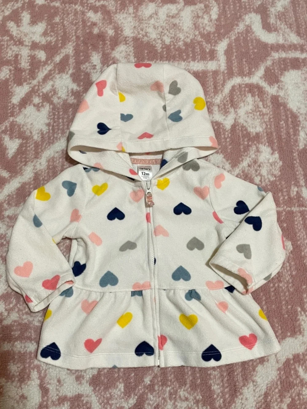 GUC - Carter's White Hooded Fleece Zip Jacket with Multicolor Heart Print